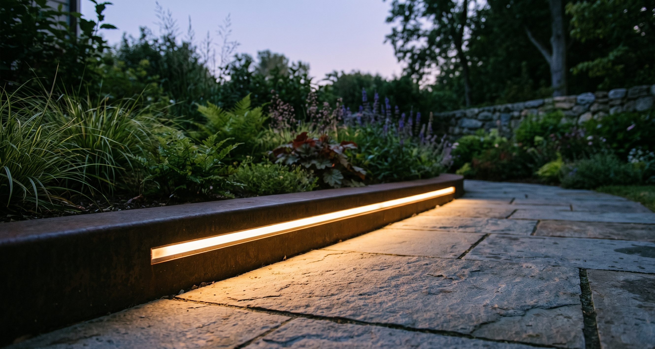 Garden path with integrated linear lighting