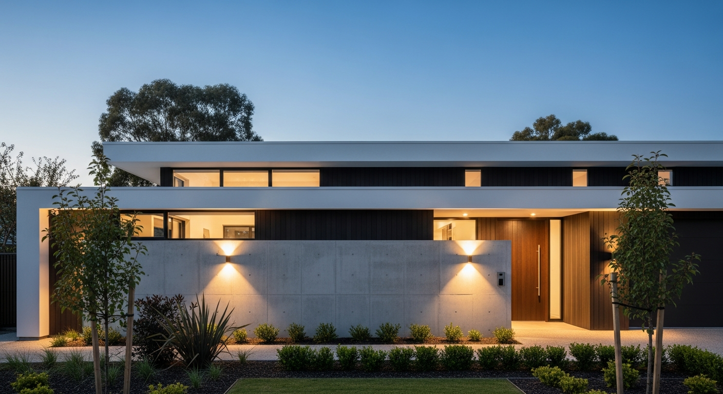 Contemporary residential facade at dusk with warm architectural wall wash lighting