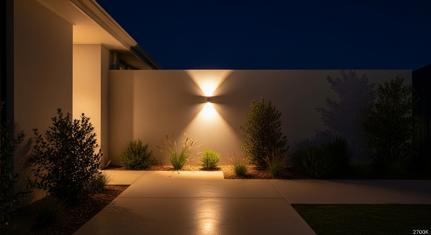 Calm refined residential exterior at night with warm architectural lighting
