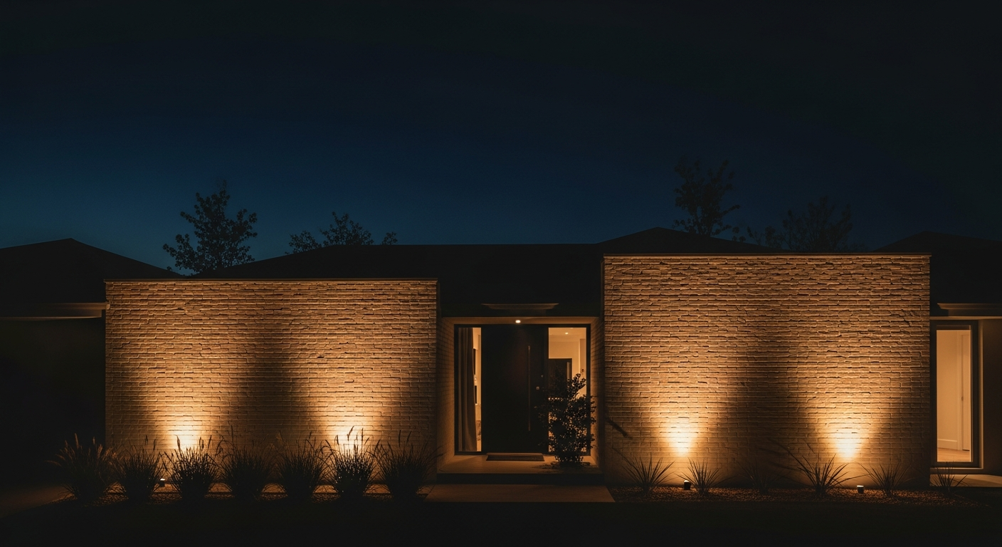 Contemporary residential exterior at night with warm architectural uplighting