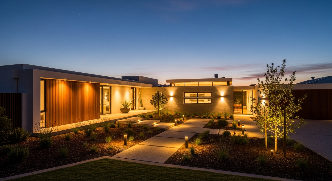 Complete residential exterior at dusk with full architectural lighting system