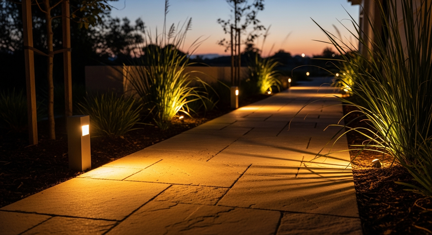 Warm pathway lighting through premium residential garden at dusk