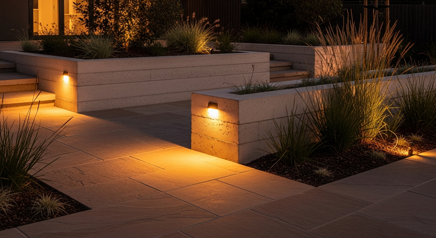 Premium residential garden landscape at dusk with warm accent lighting