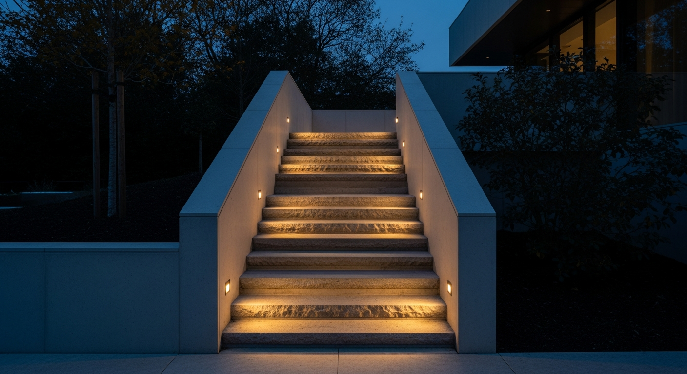 Architectural outdoor stairs with integrated warm step lighting