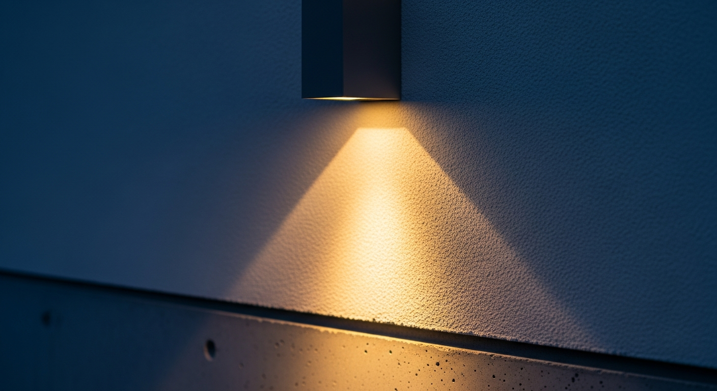 Warm light grazing rendered exterior wall — architectural wall wash lighting