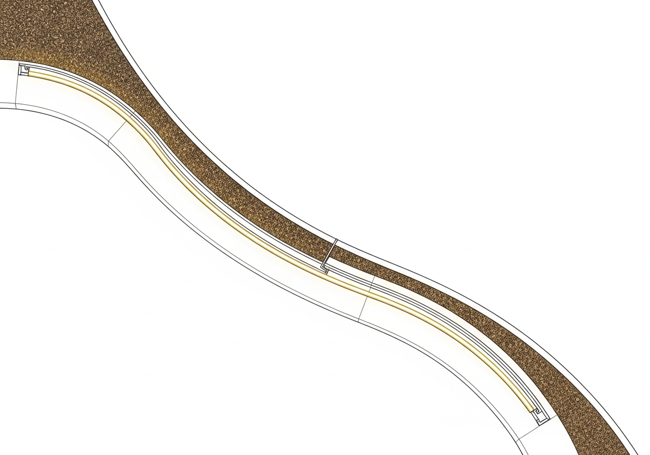Flex channel following a garden bed curve — top view schematic