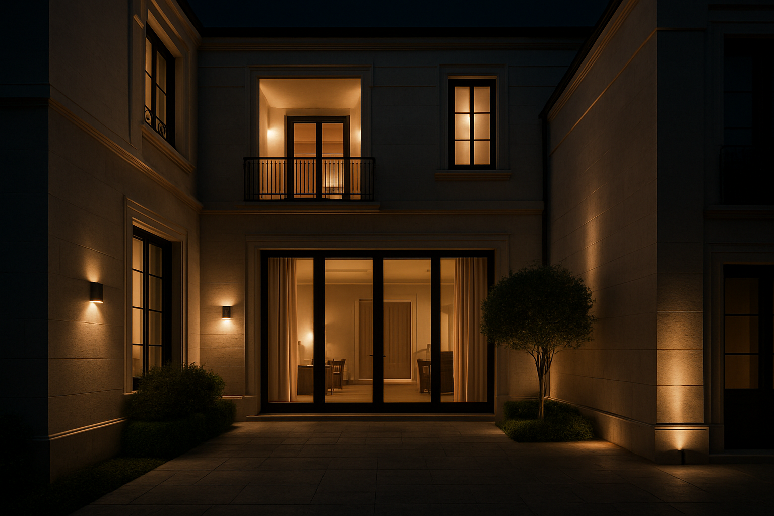 Night residential architectural scene with soft integrated lighting