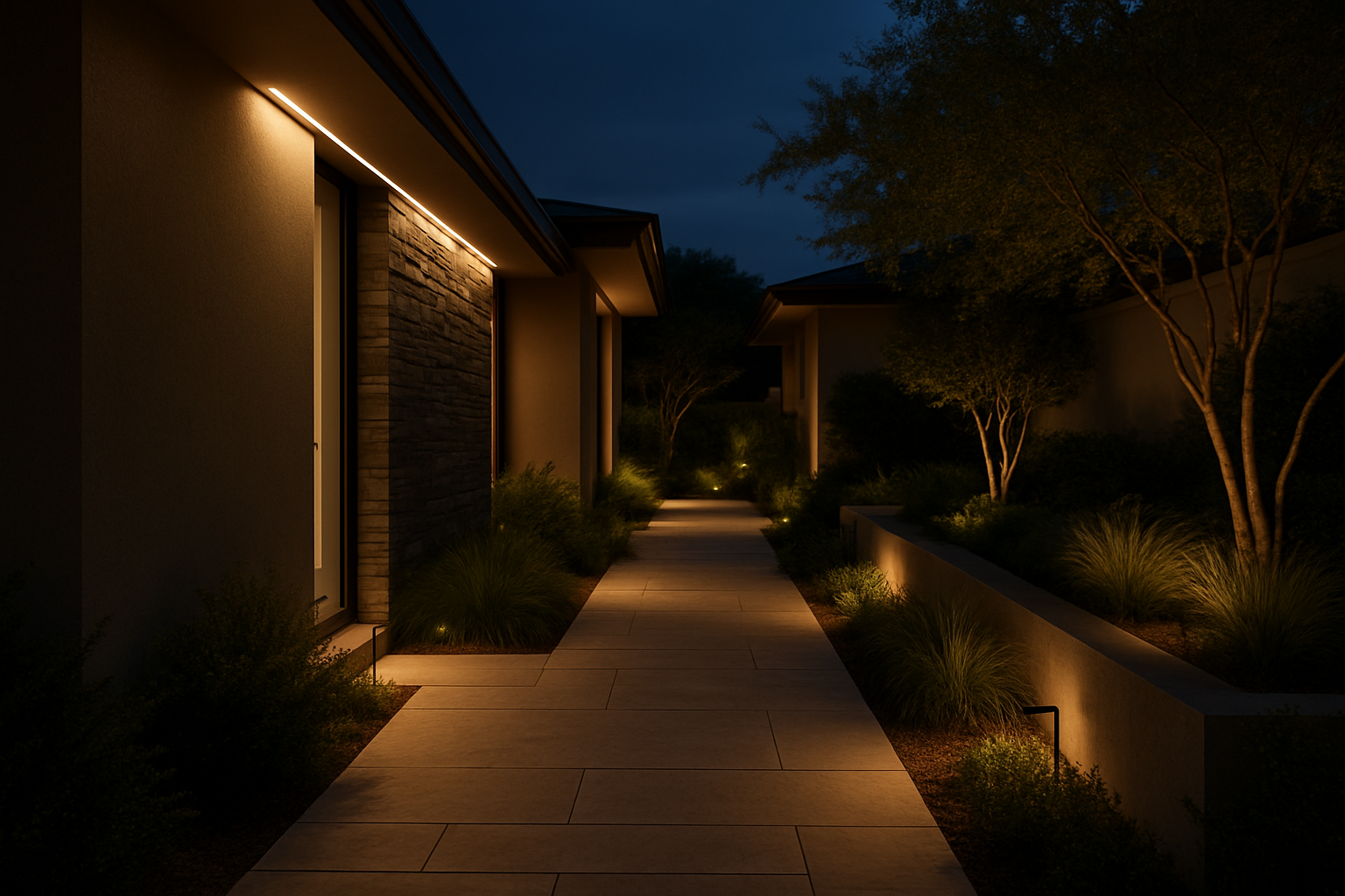 Night outdoor architectural setting with soft LED lighting