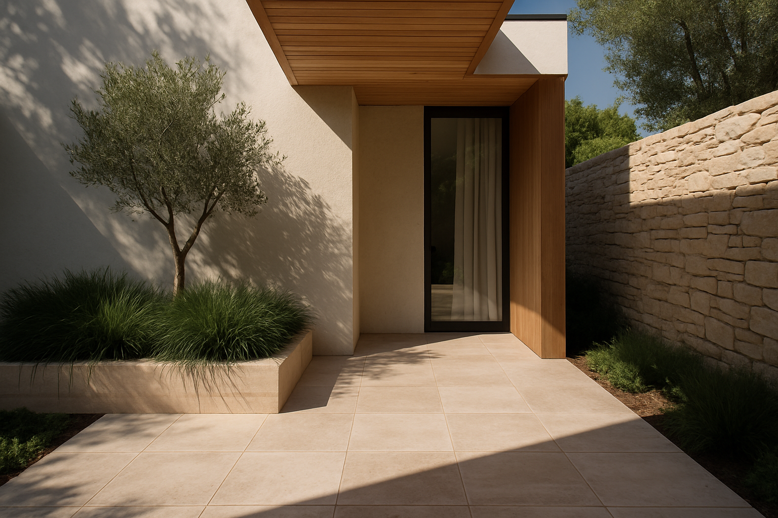 Residential outdoor space at dusk with warm architectural lighting