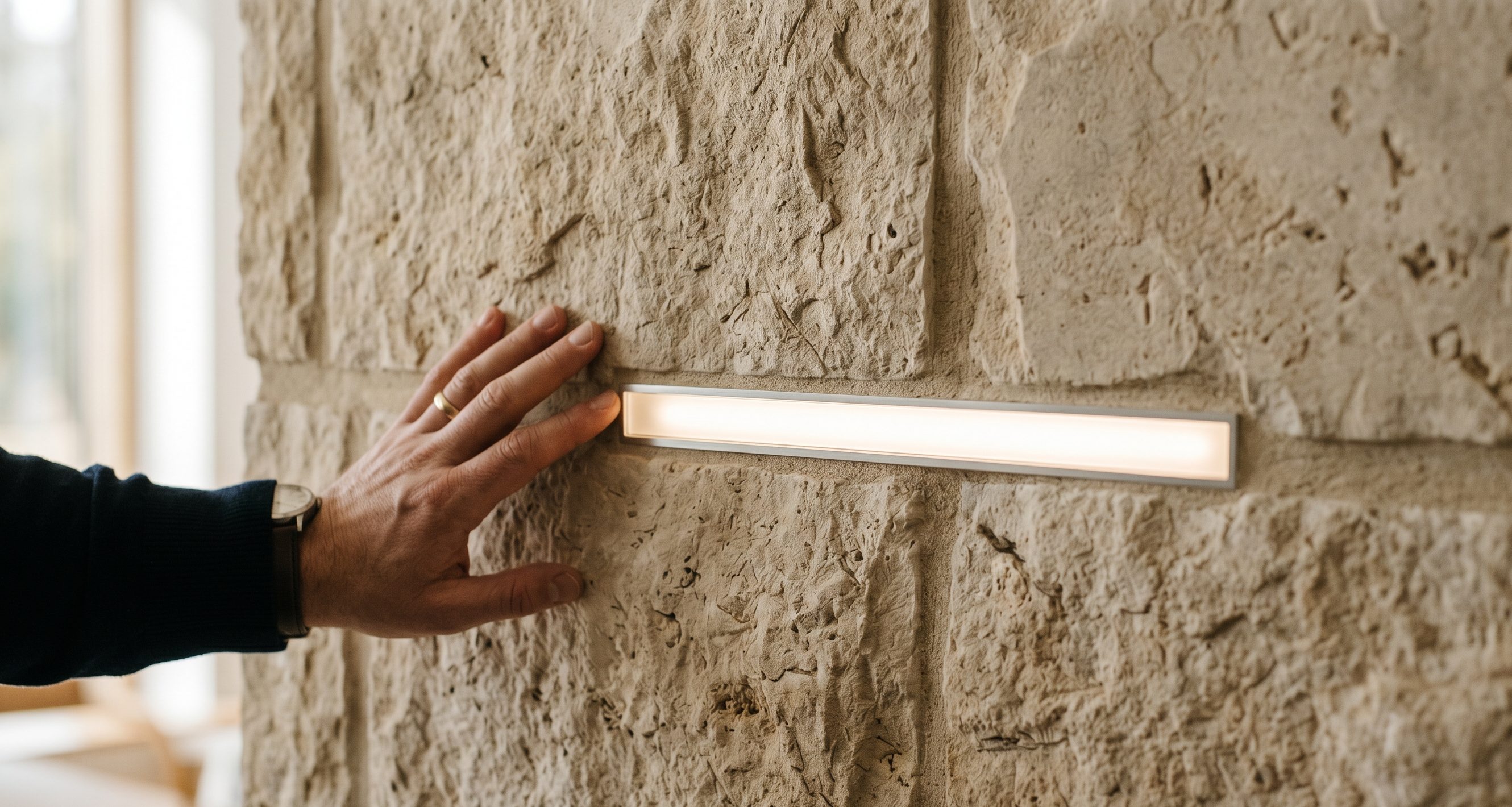 Integrated stair or wall lighting detail in textured stone